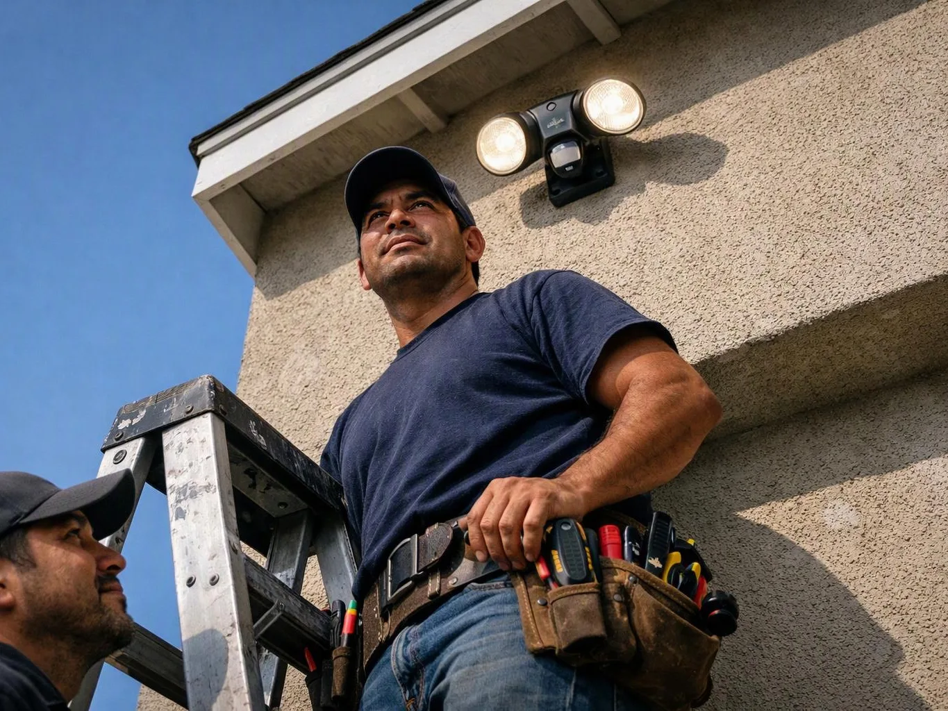 A man in a tool belt stands on a ladder while another man looks up at him beside a stucco wall and light fixture