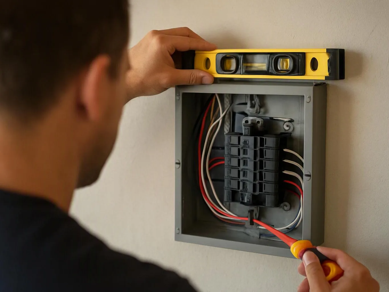 A man uses a level and screwdriver to work inside an open electrical panel on a wall