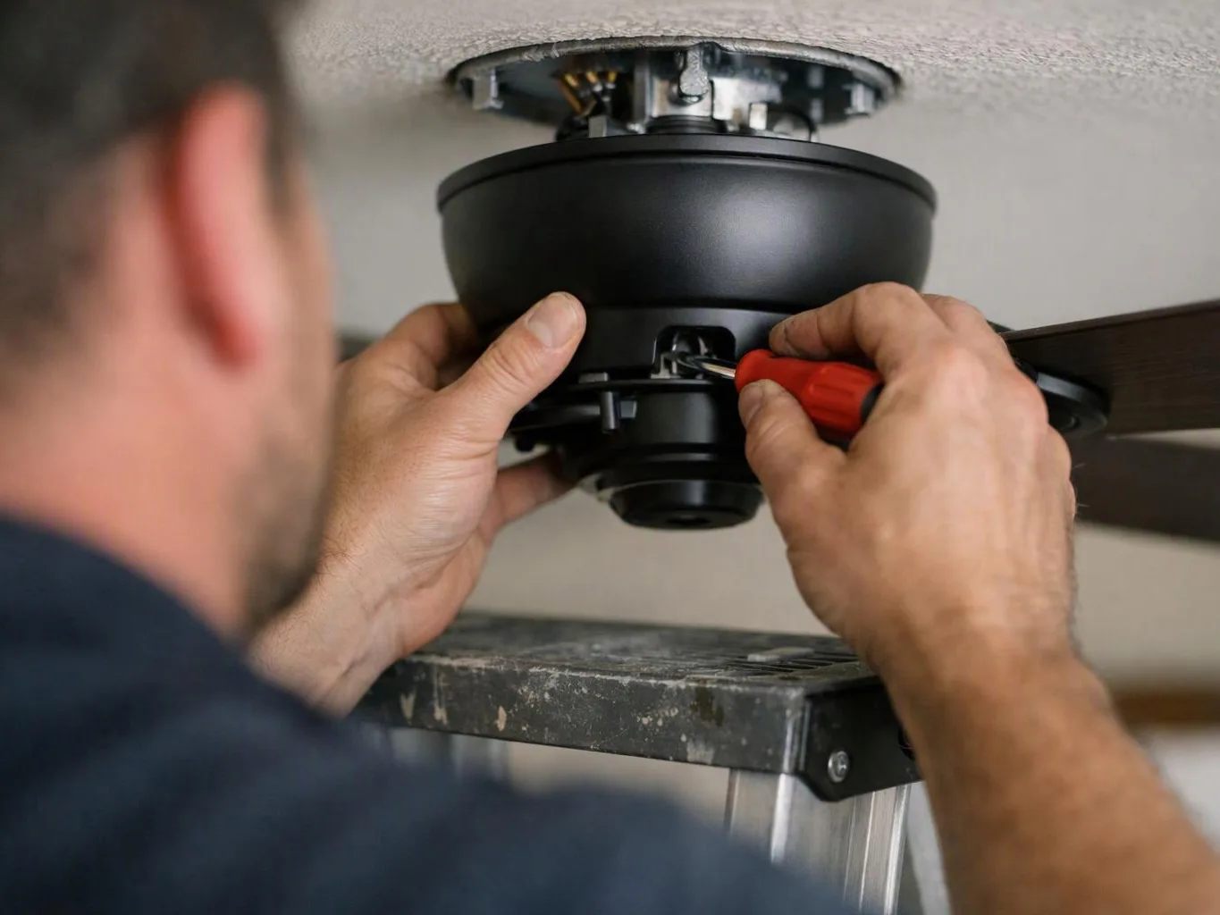 A man uses a red screwdriver to install a ceiling fan motor mount under a ceiling opening