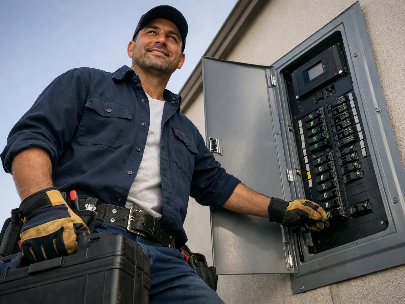 A man in work gloves opens an electrical panel outdoors while holding a tool case