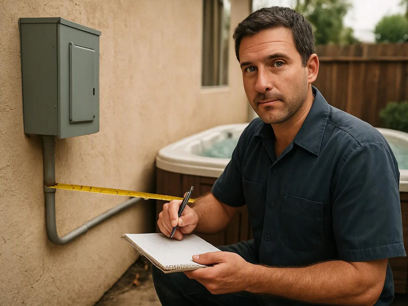 A man writes on a notepad beside an outdoor electrical box and a hot tub in a backyard