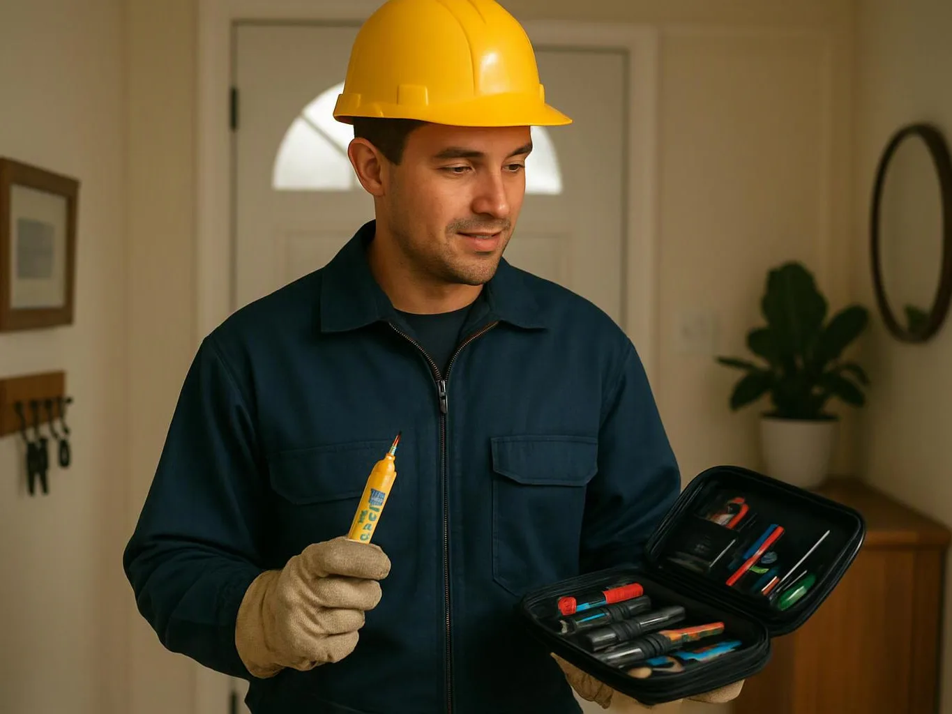 A man in a yellow hard hat holds a marker and an open tool case inside a home entryway