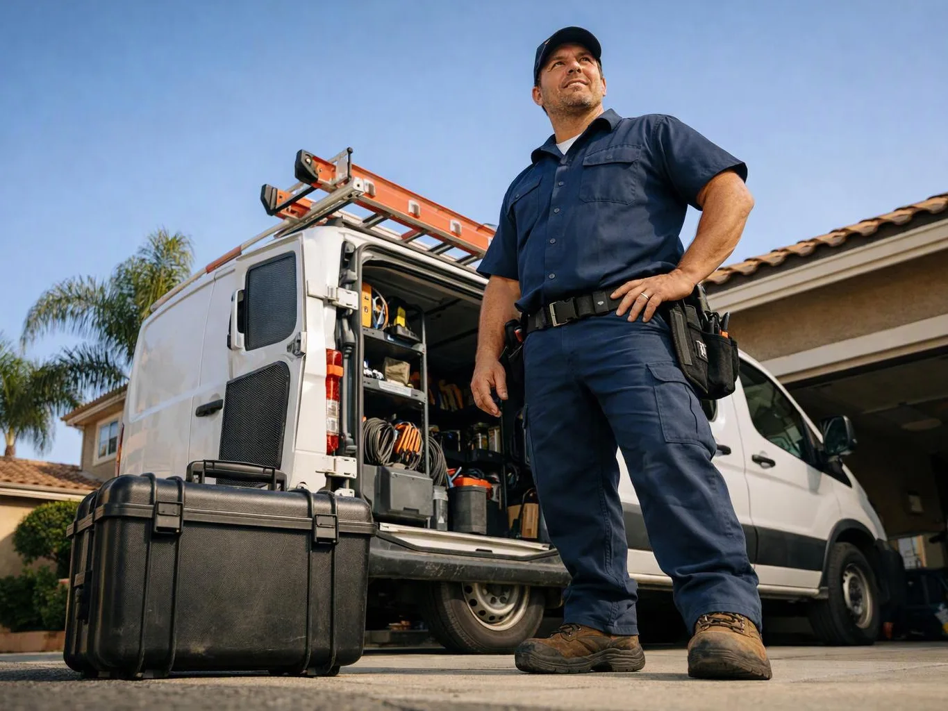 A mechanic in blue work clothes stands beside a white service van with open shelves and tools in a driveway