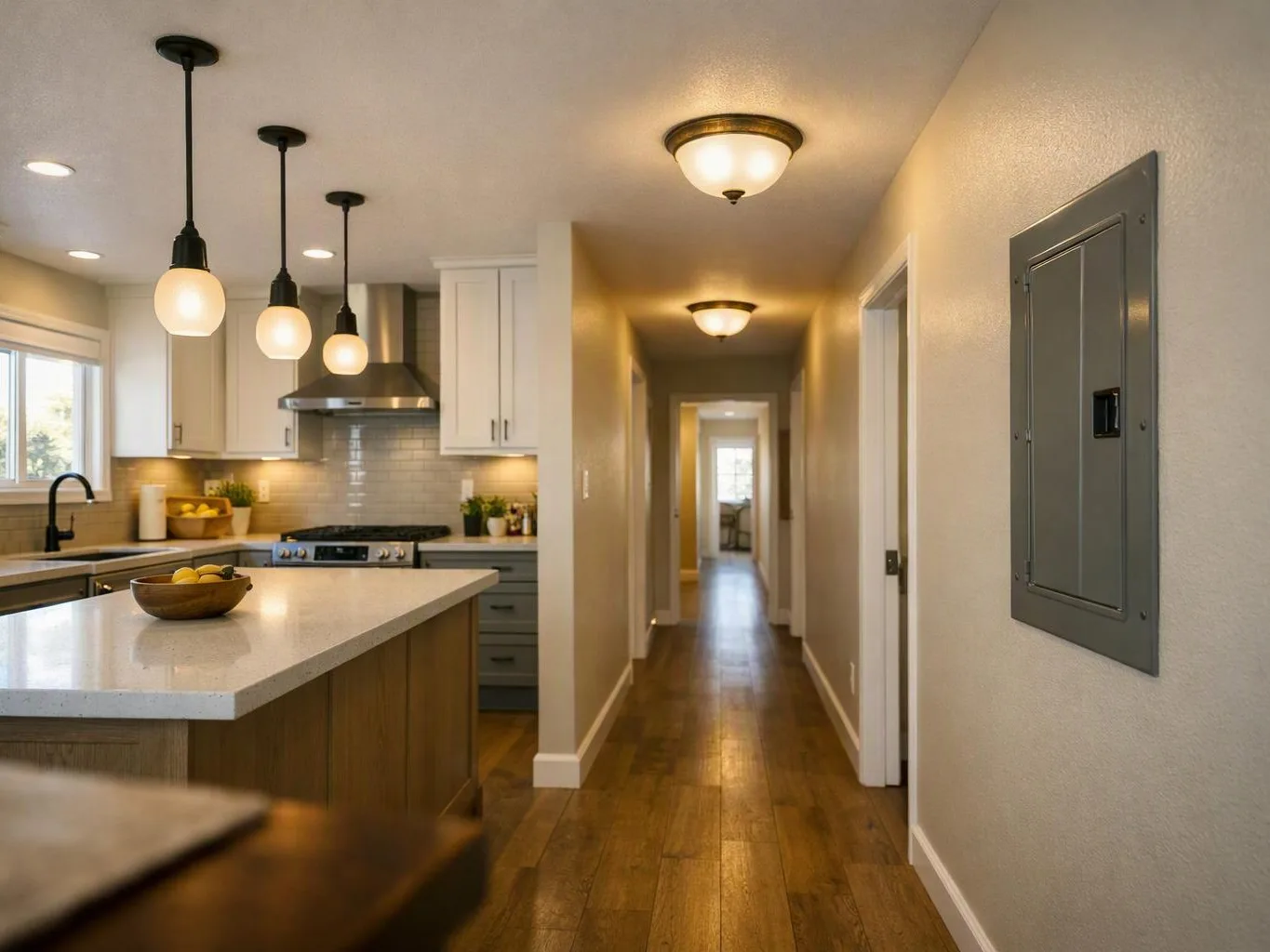 A modern kitchen opens to a long hallway with warm lights, wood floors, and a gray electrical panel on the wall
