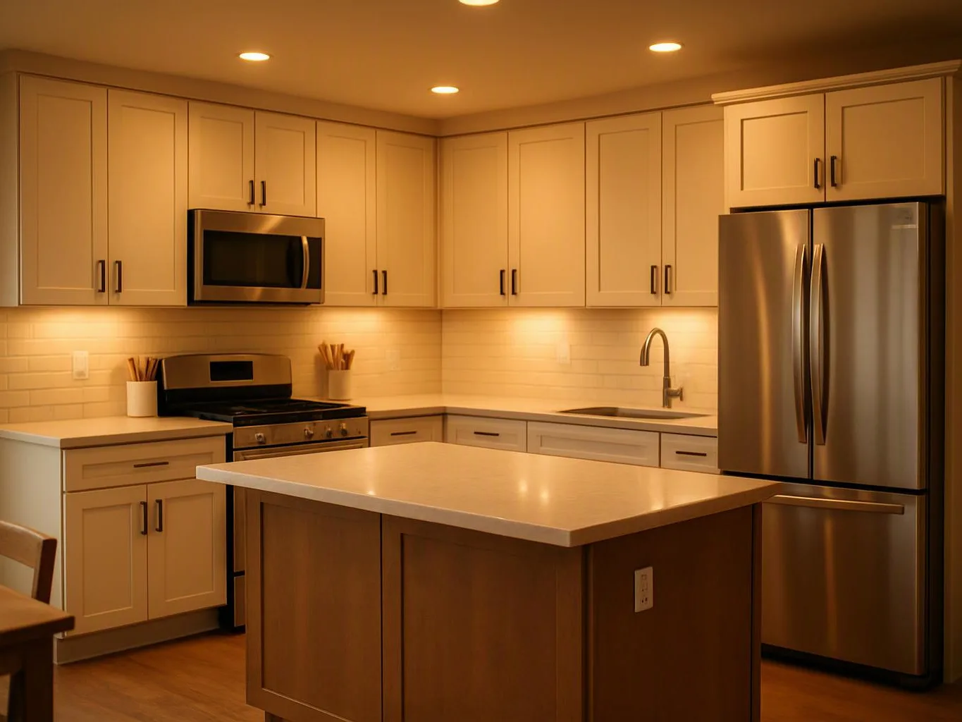 A modern kitchen with white cabinets, stainless steel appliances, and a large island sits under warm ceiling lights