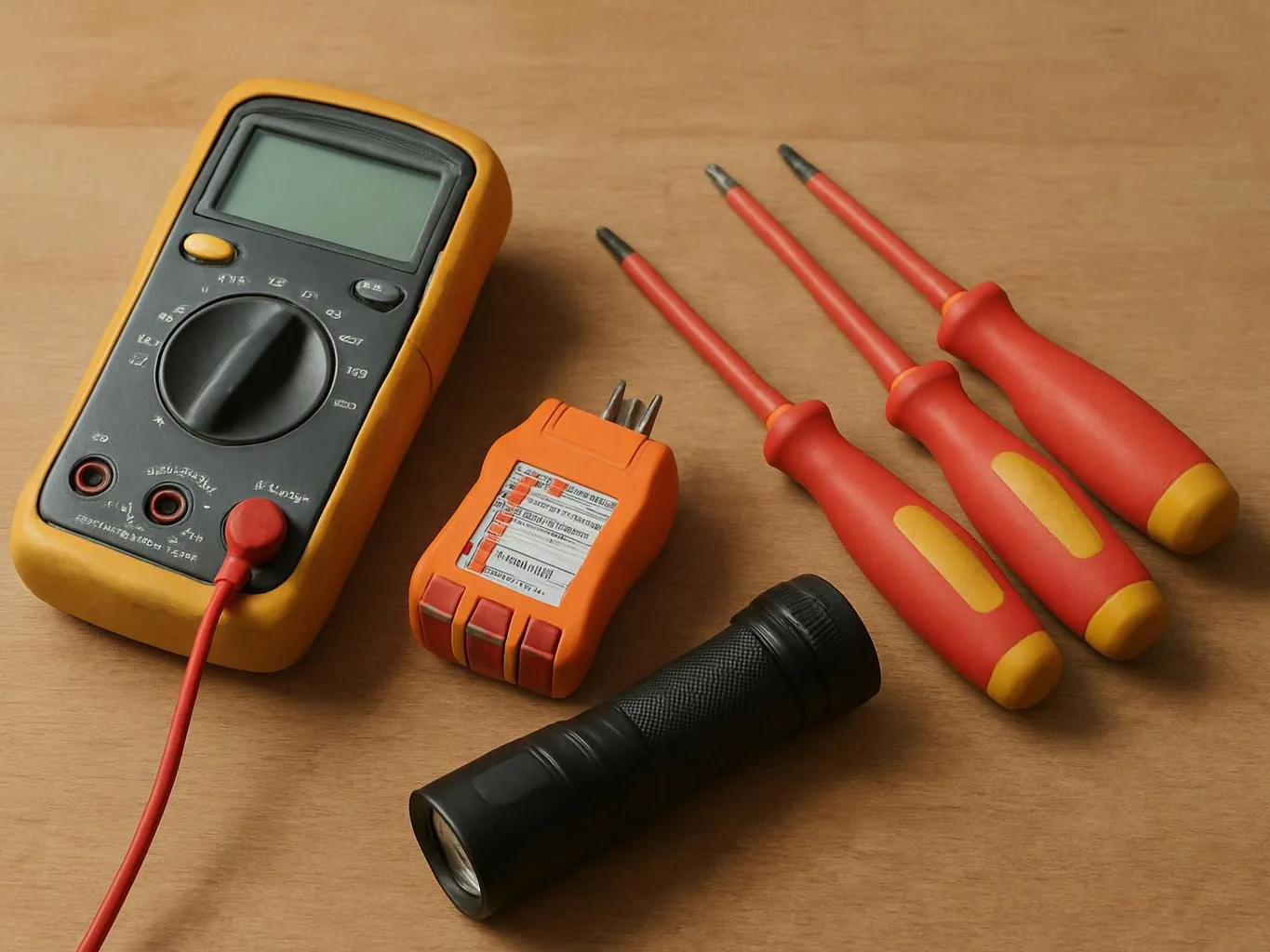 A multimeter, voltage tester, flashlight, and three screwdrivers lie on a wooden table
