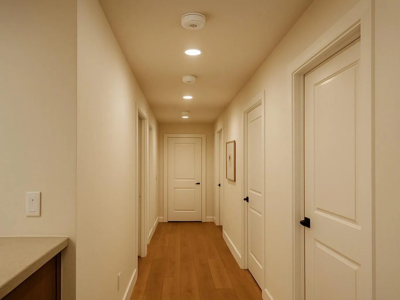 A narrow beige hallway with white doors, recessed lights, and wood flooring stretches toward a closed door