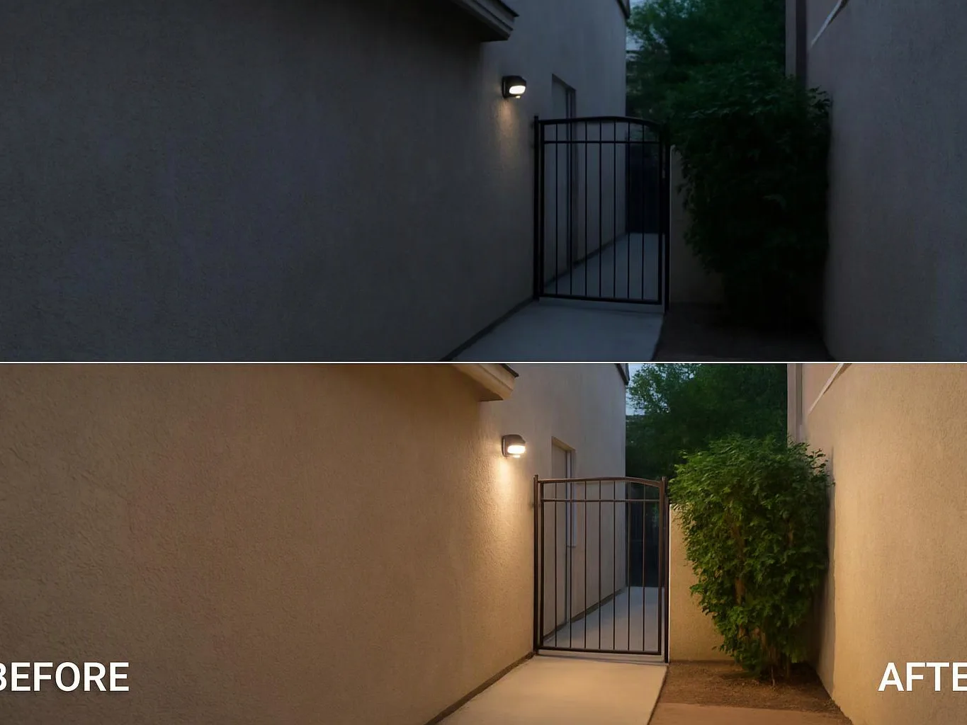 A narrow side yard shows a lit wall, a metal gate, and a bush in a before-and-after comparison
