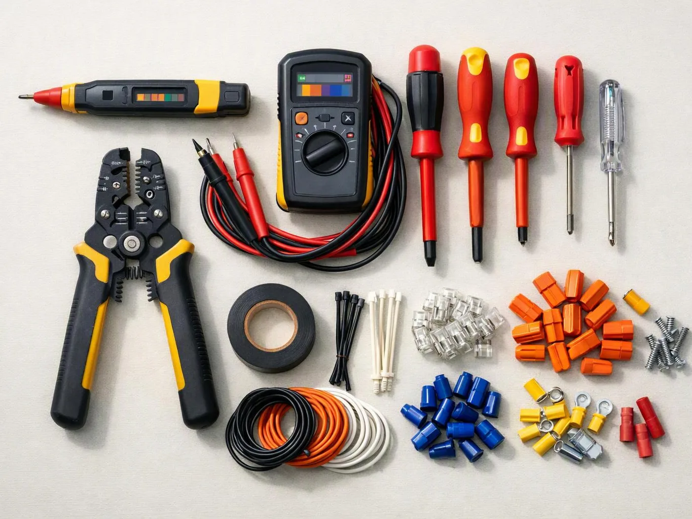 A neat flat lay of electrical tools, wire strippers, screwdrivers, a tester, tape, and assorted connectors on a light surface