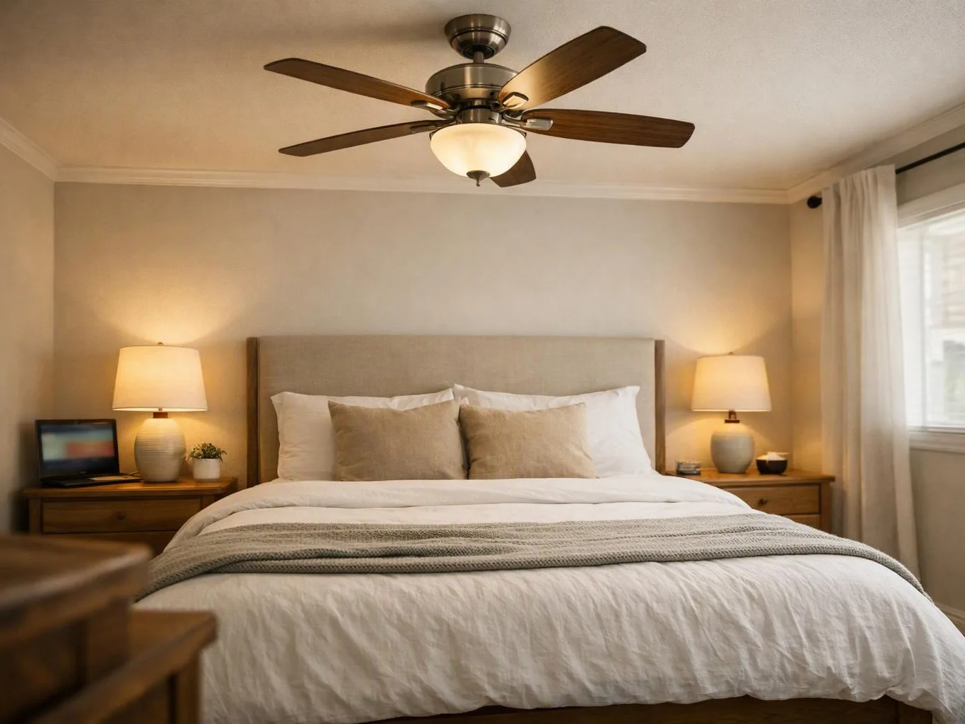 A neatly made bed sits between two lit bedside lamps in a calm bedroom with a ceiling fan above