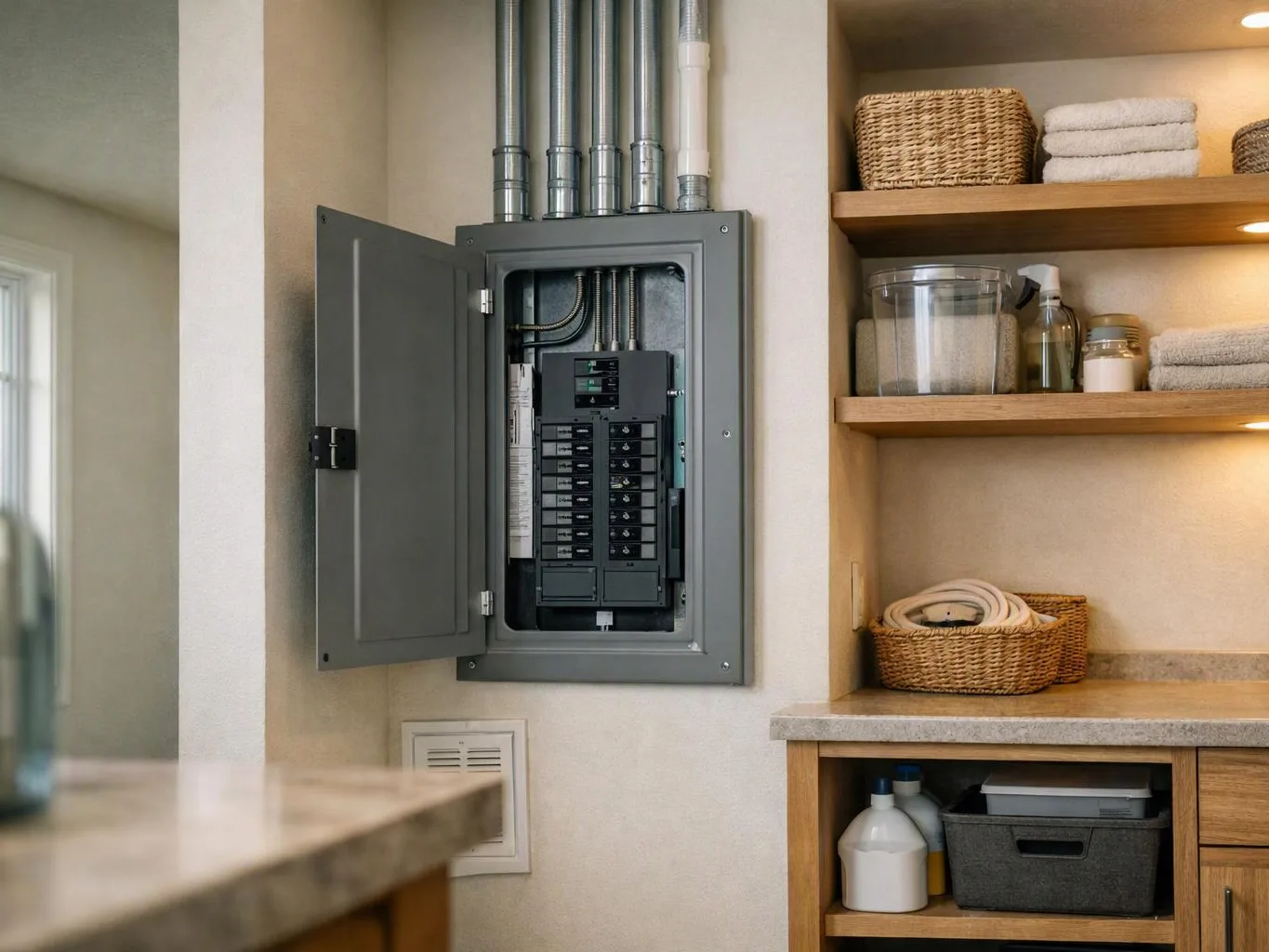 An open electrical breaker panel sits beside neatly arranged bathroom shelves and baskets in a clean utility area