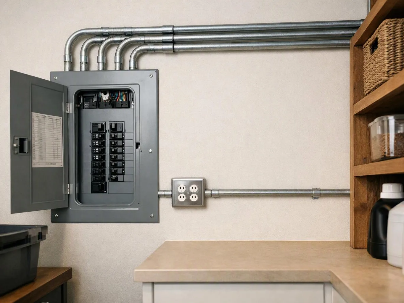 An open electrical breaker panel sits on a wall beside metal pipes, outlets, and nearby storage shelves