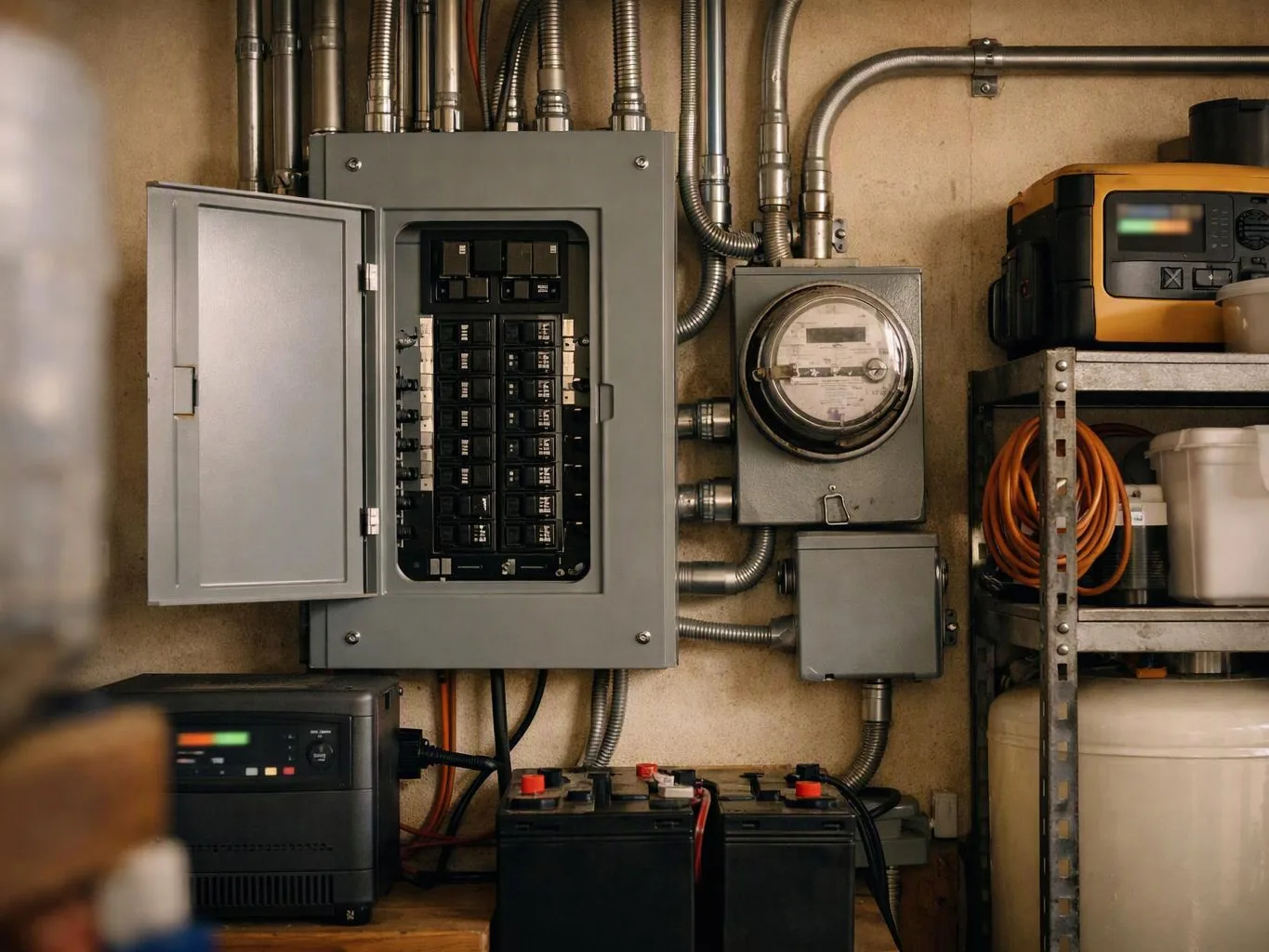 An open electrical panel, meter, batteries, and cables sit in a utility room against a wall