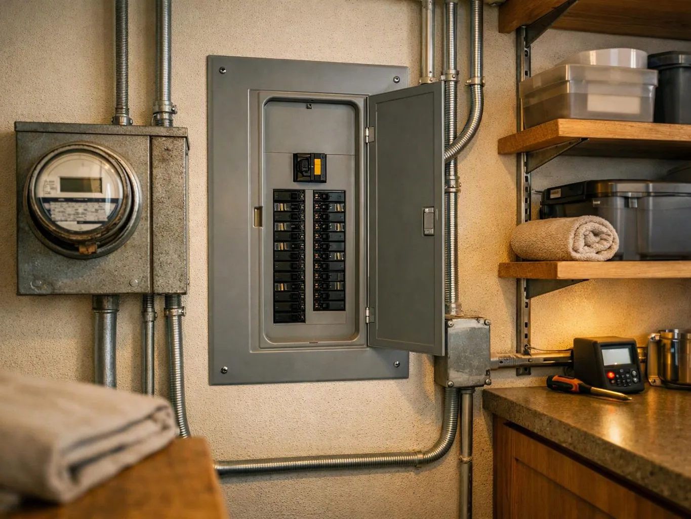 An open electrical panel sits beside a meter and shelves with storage bins and folded towels in a utility room