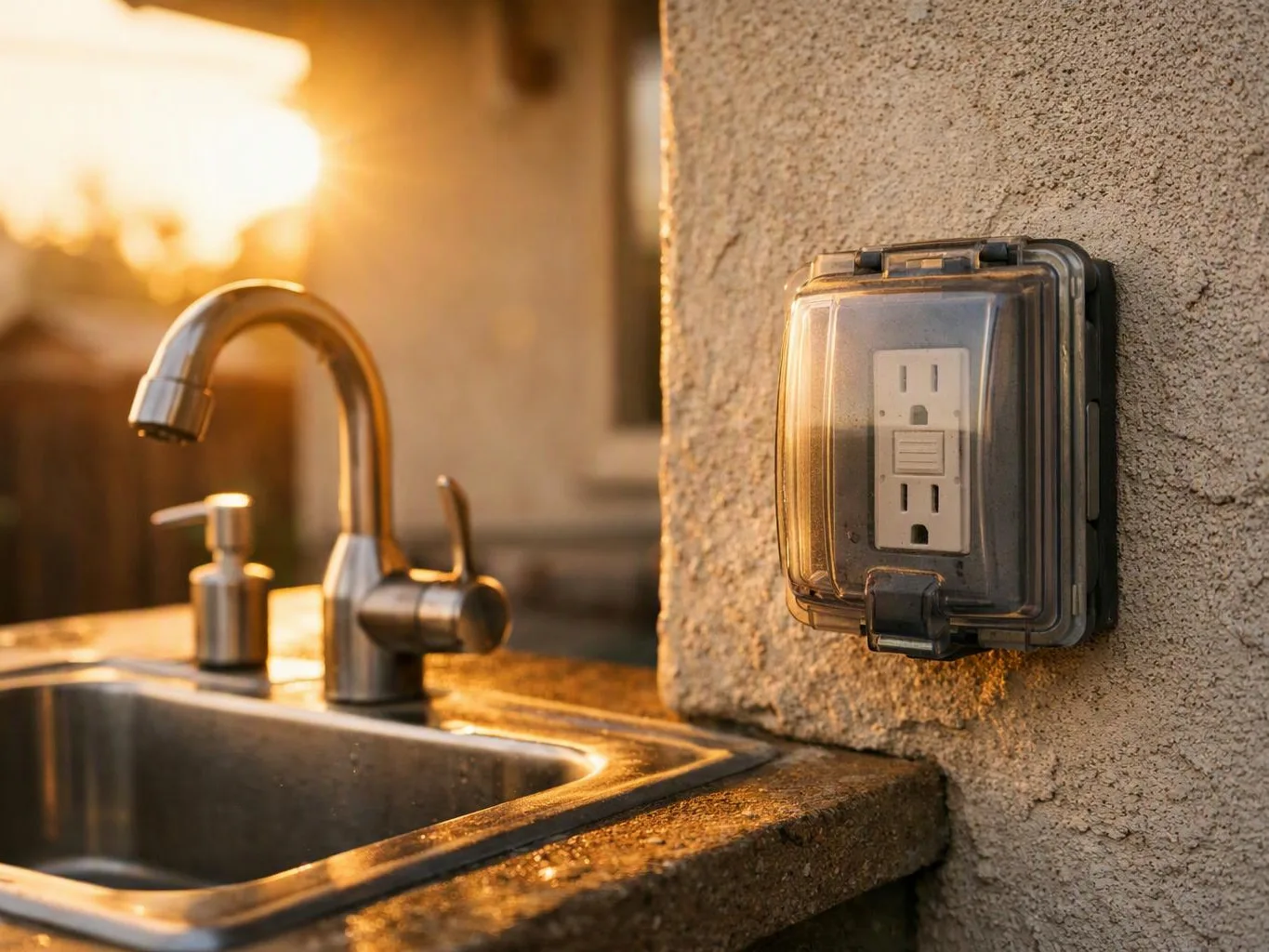Outdoor sink beside a wall-mounted outlet cover, glowing in warm sunset light
