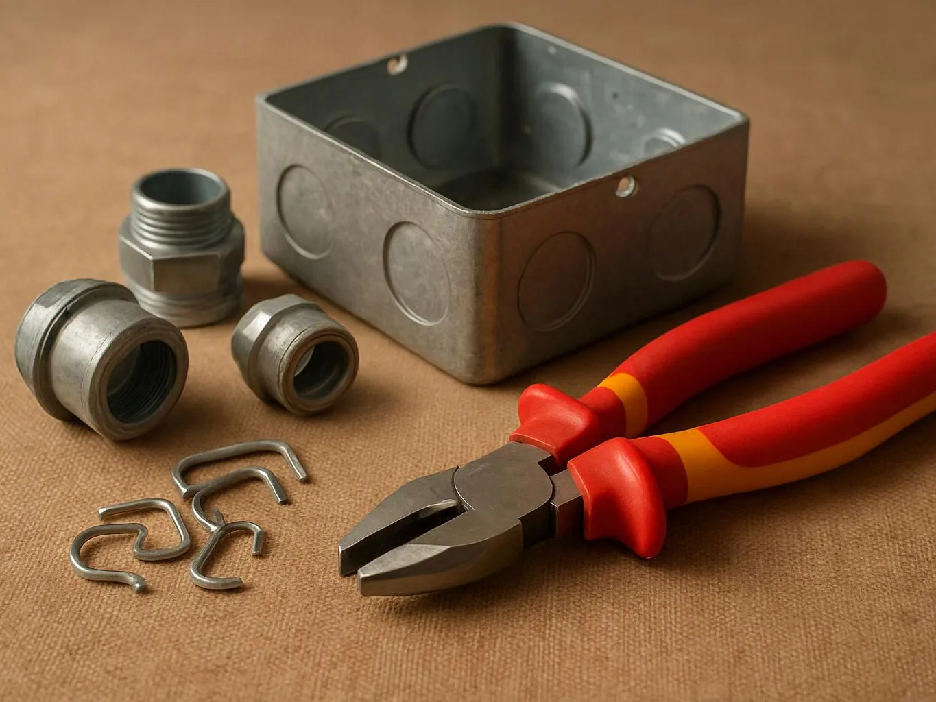 A pair of red-handled pliers sits beside metal conduit fittings, a junction box, and small clips on a brown surface