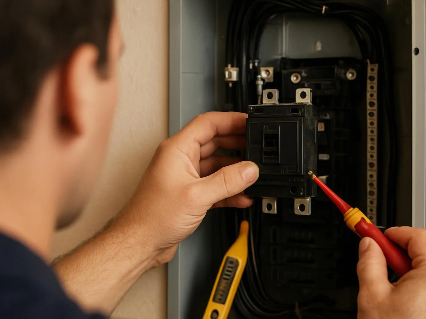 A person adjusts a circuit breaker in an open electrical panel with a test probe nearby