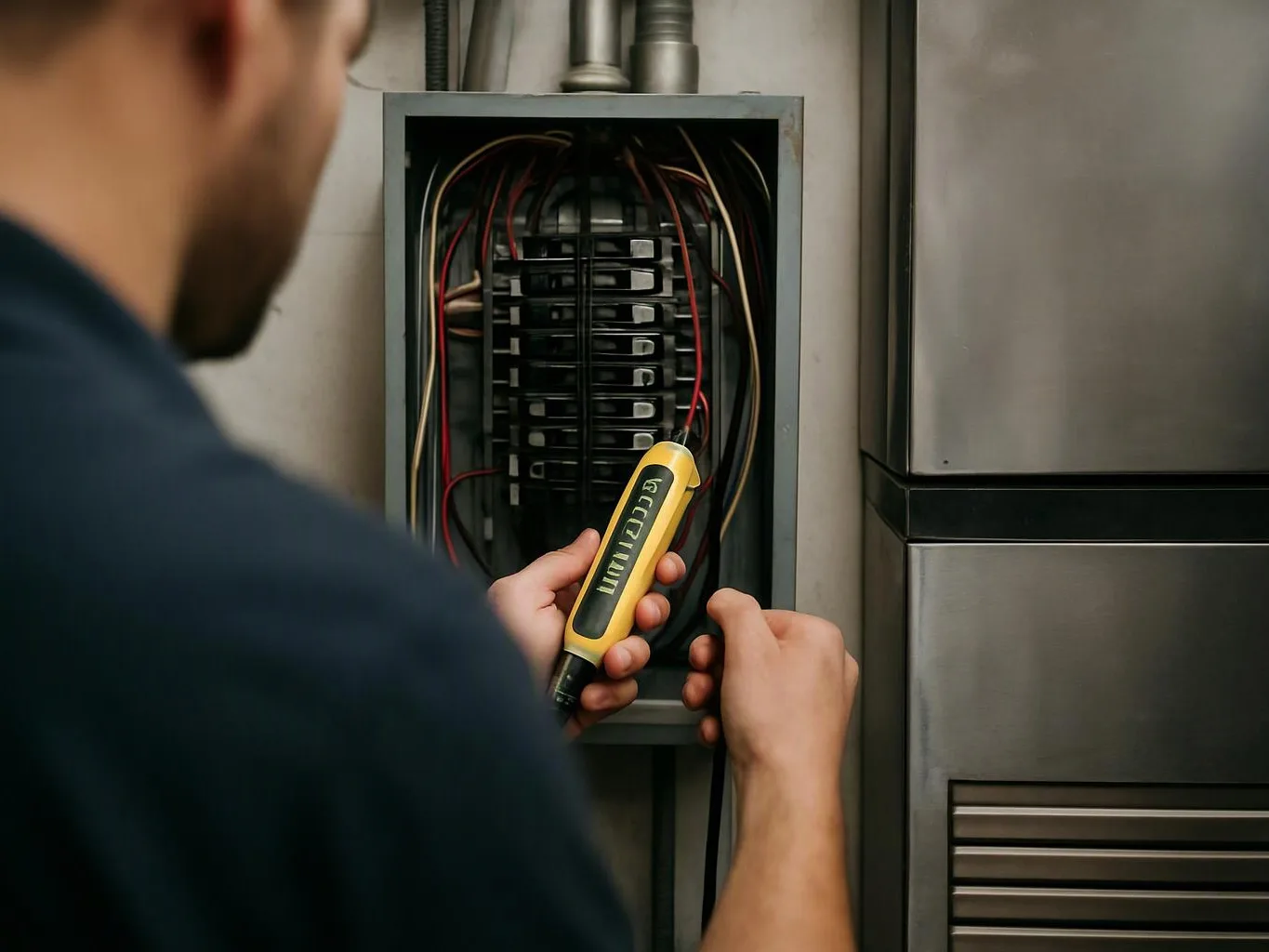 A person checks an open electrical panel with a handheld tester beside metal appliances
