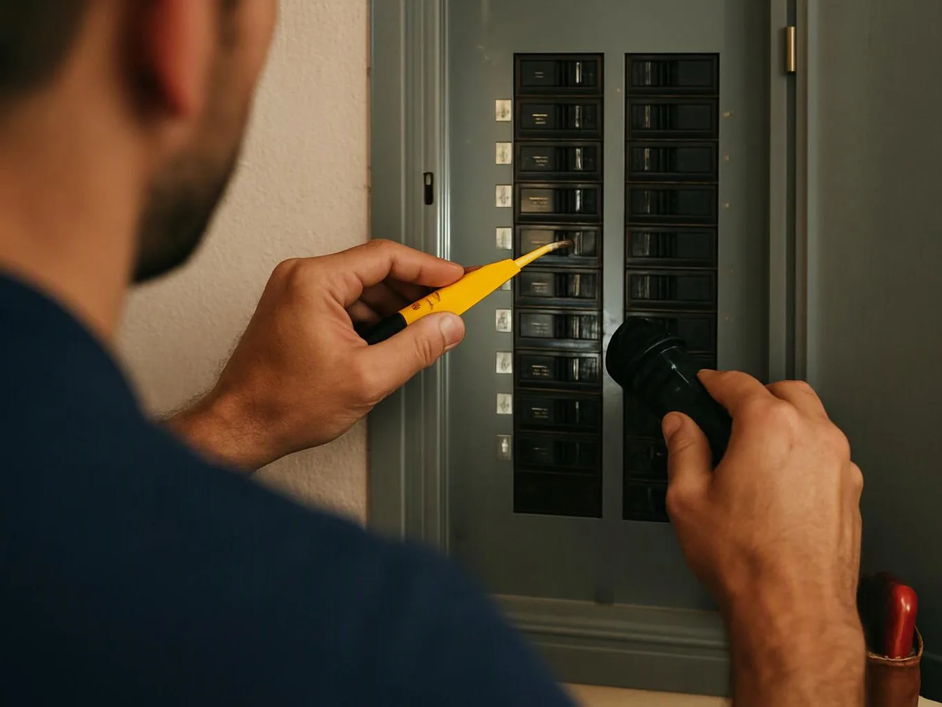 A person inspects an electrical panel with a flashlight and tester tool in a narrow indoor utility area