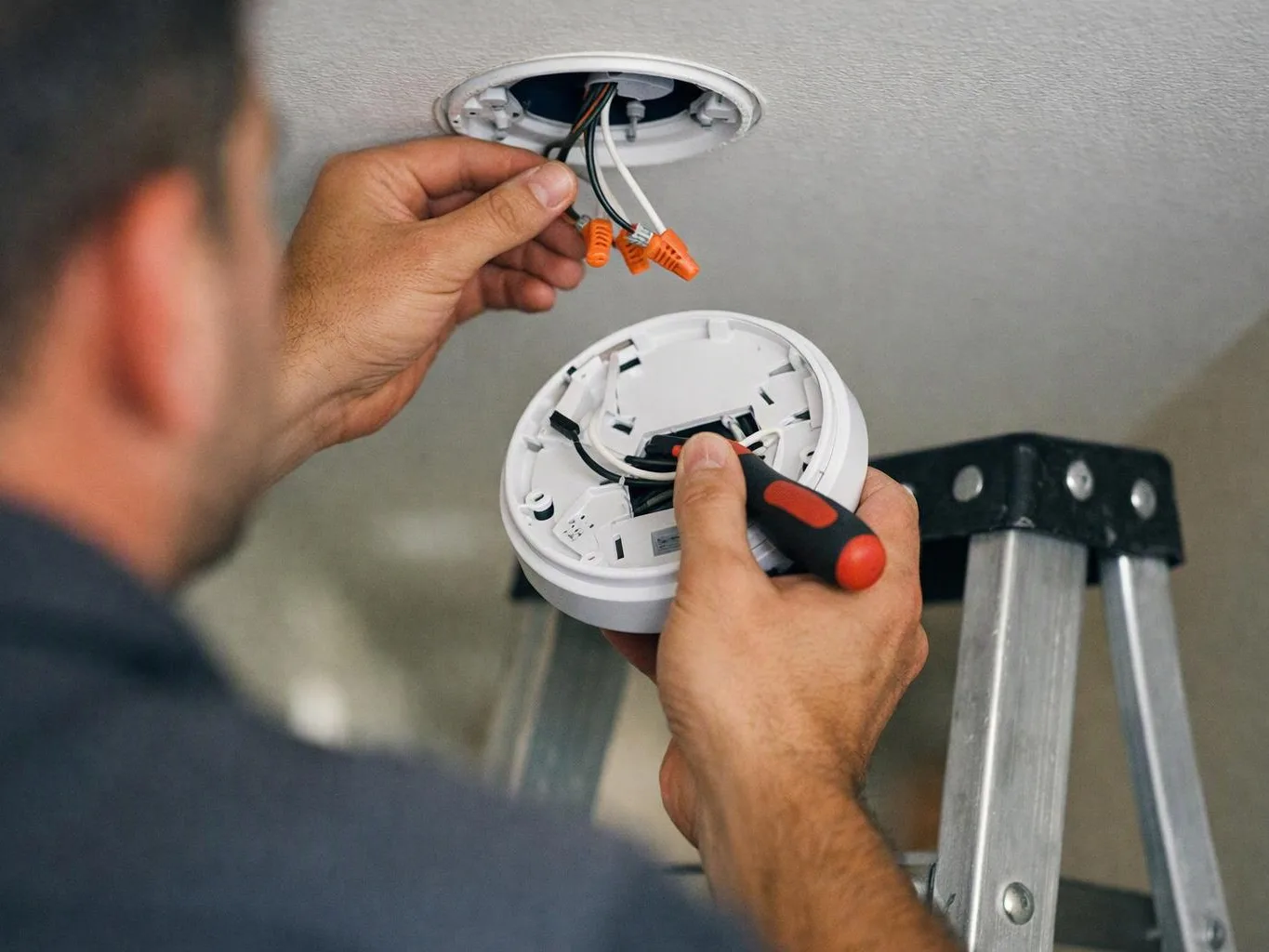 A person installs a round ceiling light fixture, holding wires and a screwdriver beside a ladder