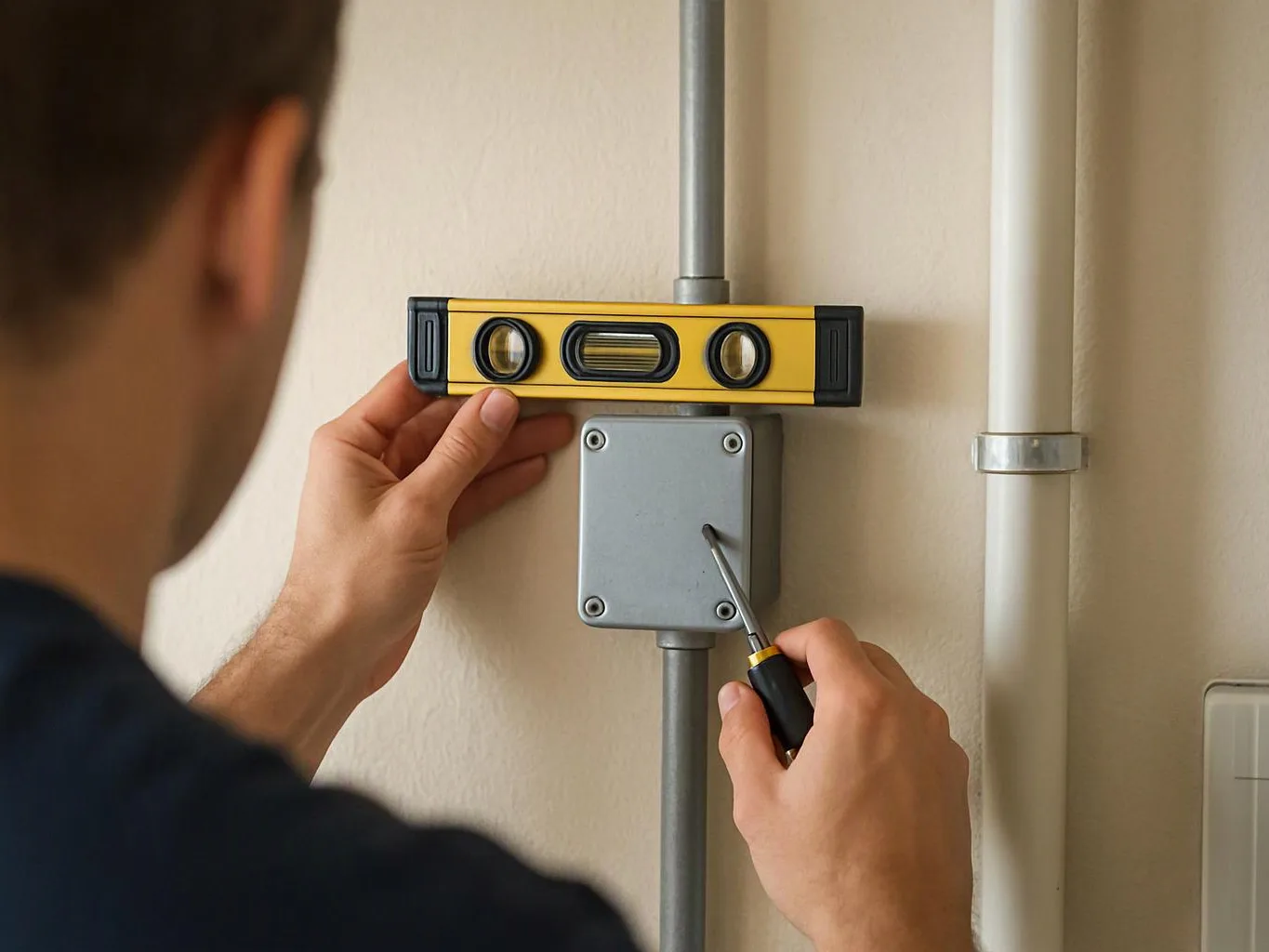 A person levels a wall-mounted electrical box with a yellow spirit level and screwdriver indoors