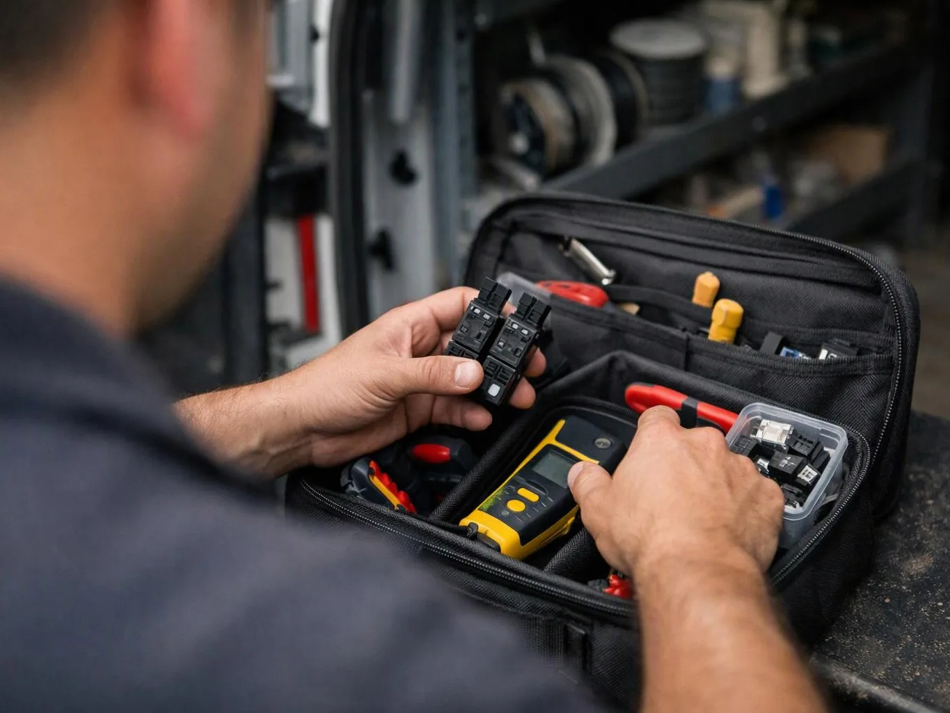 A person sorts electrical parts and test tools in an open tool bag on a workbench