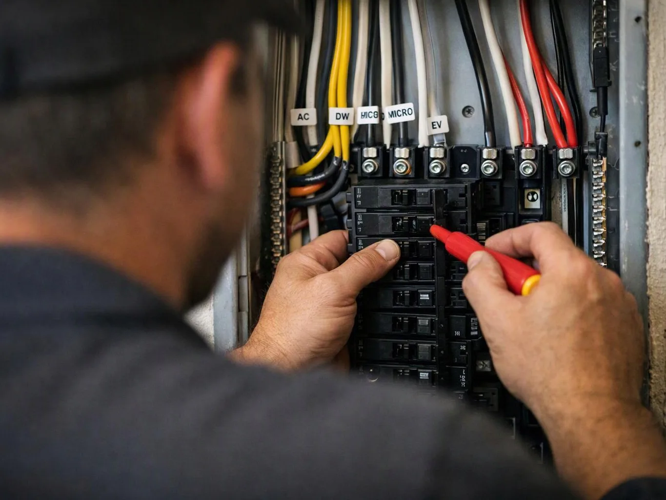 A person tests a circuit breaker panel with a red screwdriver, surrounded by labeled electrical wires