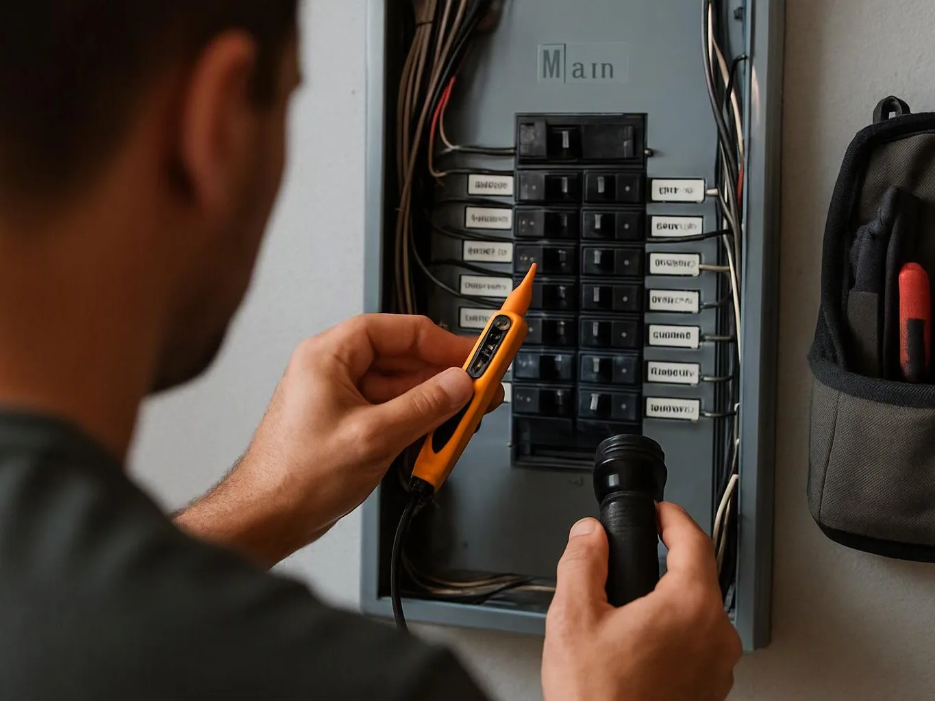A person tests an electrical breaker panel with a voltage tester and flashlight in a utility room