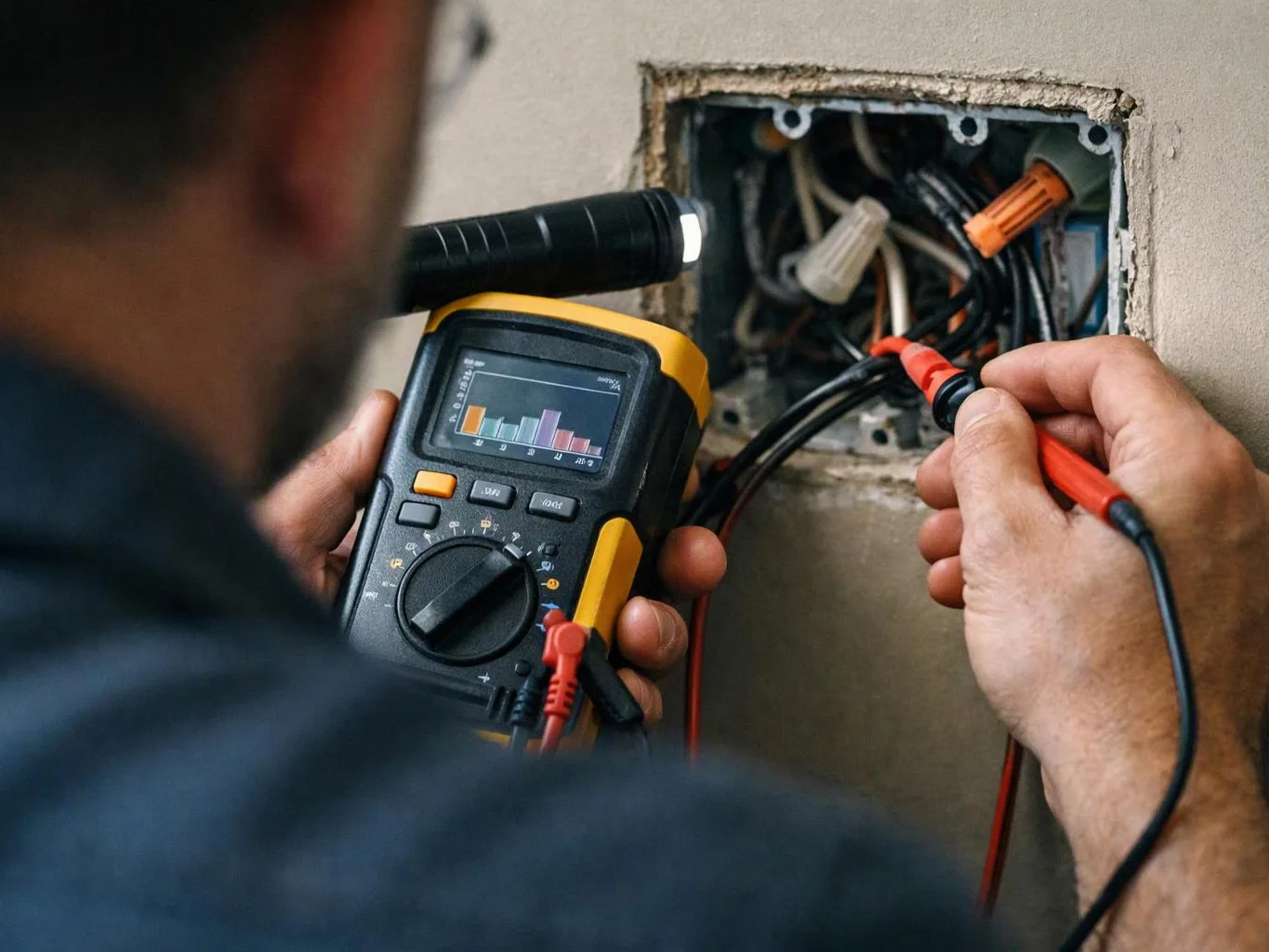 A person tests exposed electrical wires in a wall box with a handheld meter and flashlight