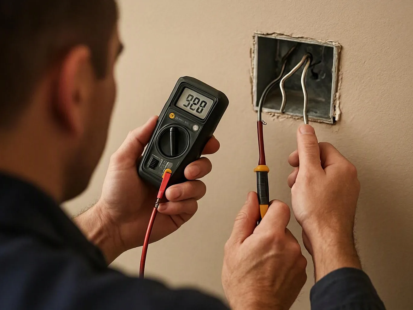 A person tests exposed wall wires with a digital multimeter beside an open electrical box