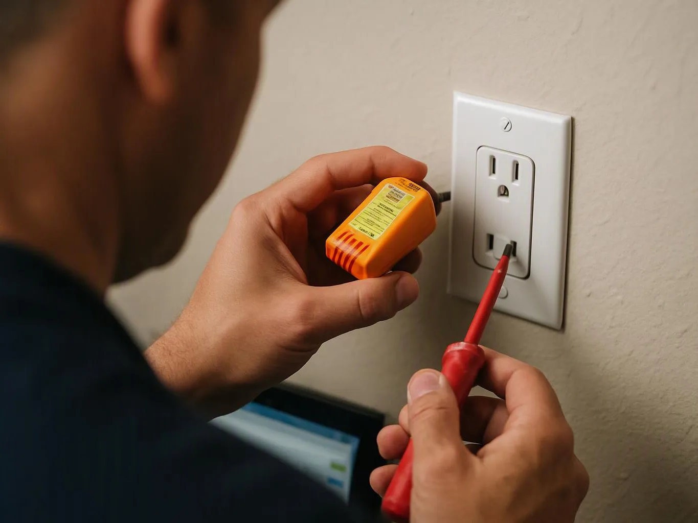 A person tests a wall outlet with a red probe while holding an orange electrical device in a room