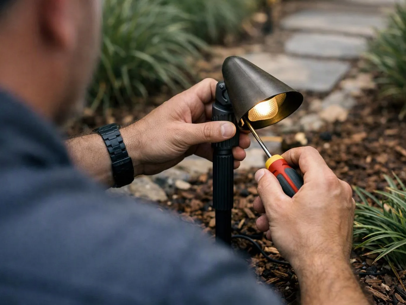 A person tightens a garden light with a screwdriver beside a stone path and mulch beds