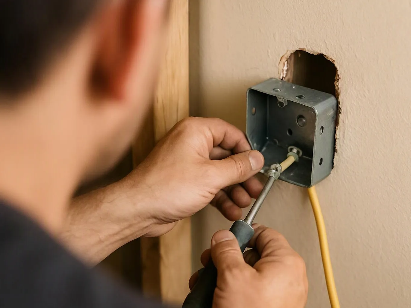 A person tightens a wire inside a wall-mounted metal electrical box with a screwdriver
