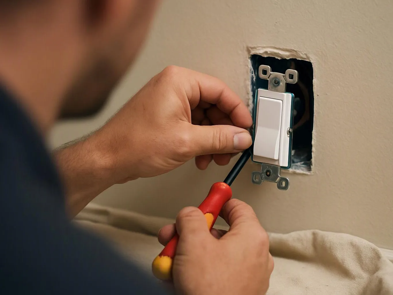 A person uses a screwdriver to install a wall light switch in a cutout opening