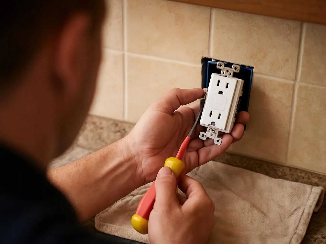 A person uses a screwdriver to install a wall outlet in a tiled kitchen backsplash