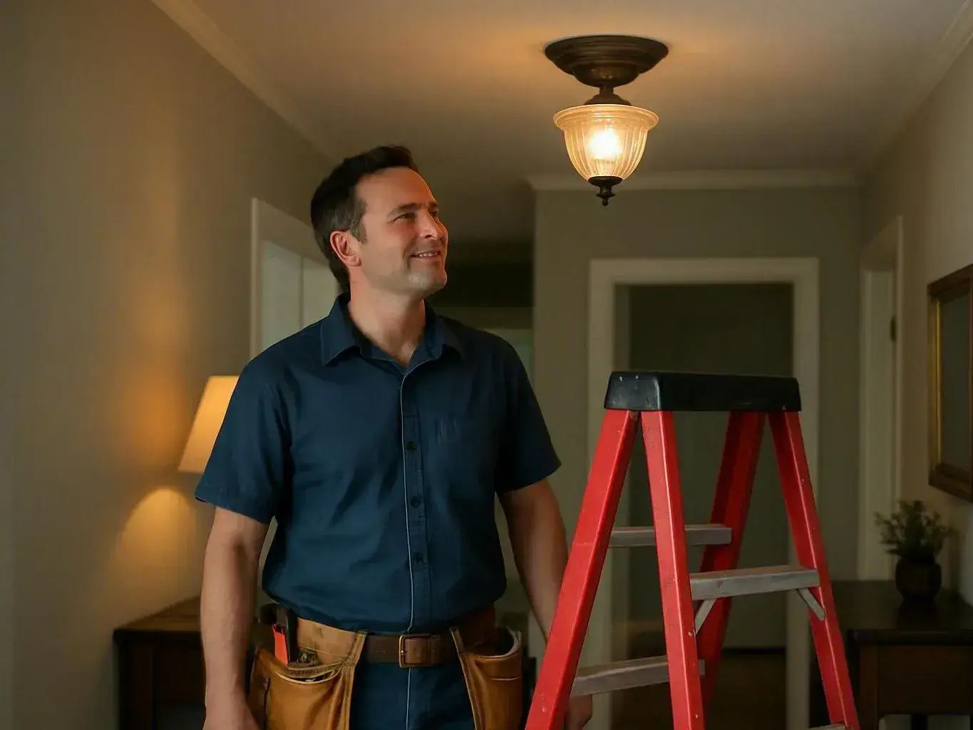 A man stands beside a red step ladder in a softly lit hallway with a ceiling light and table lamp
