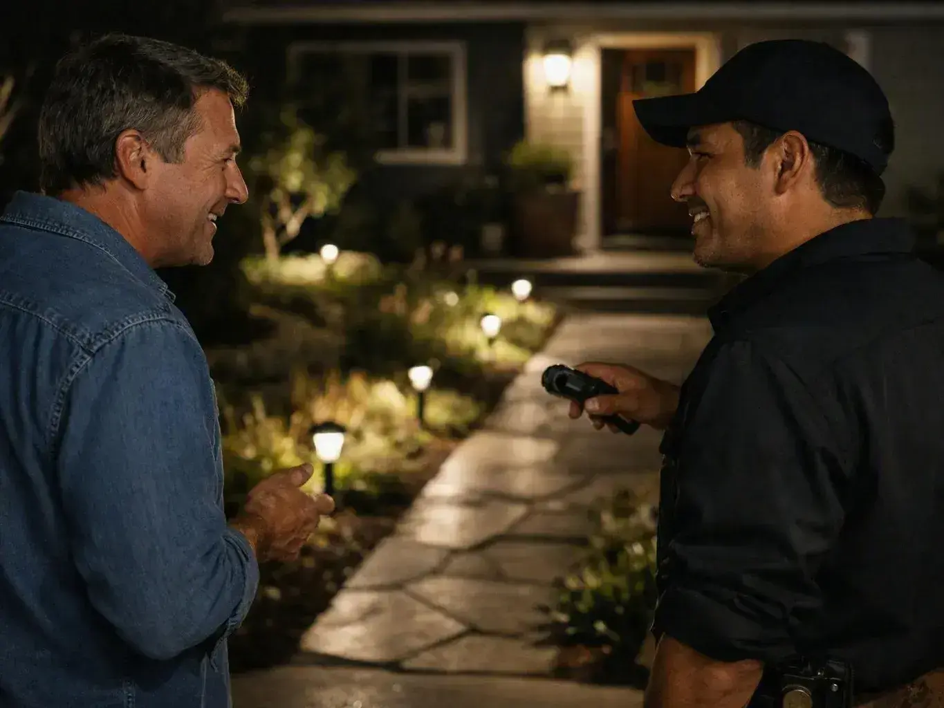 Two men talking on a lit front walkway outside a house at night