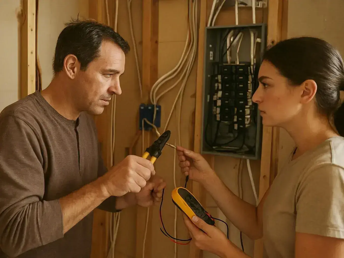Two people inspect wiring in an unfinished wall, one holding pliers and the other a tester