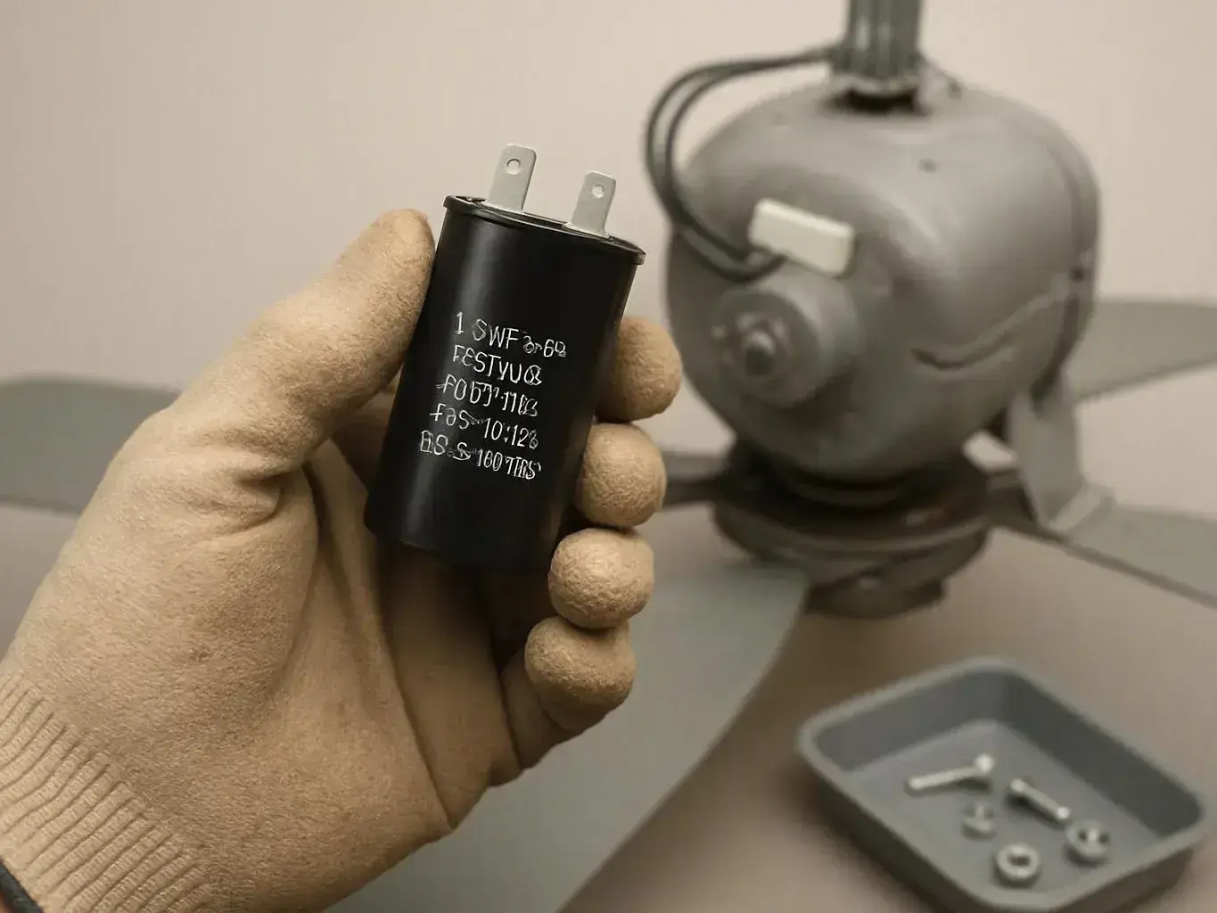 A gloved hand holds a black capacitor in front of a gray motor with a tray of bolts below