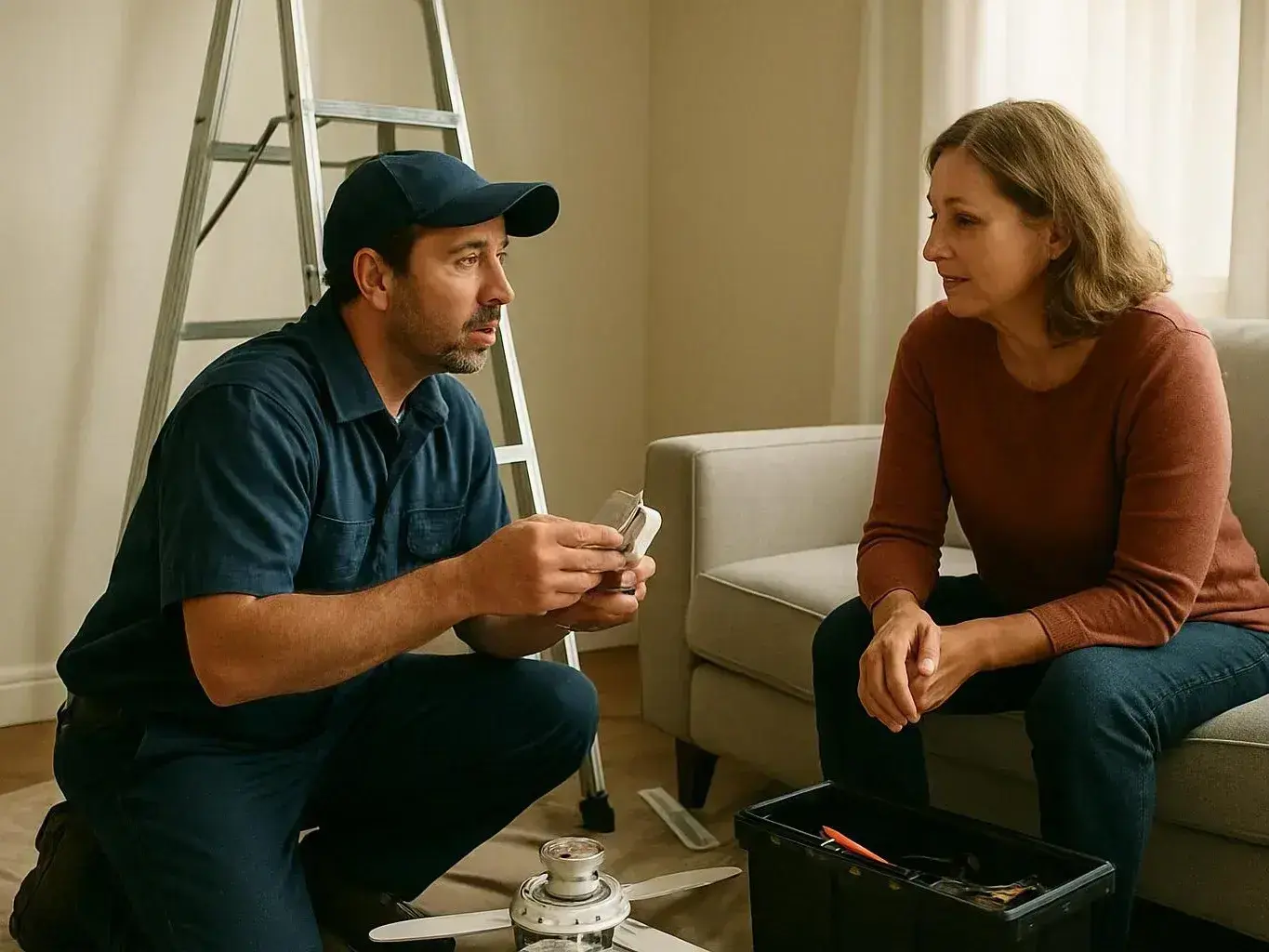Technician kneeling with tools while speaking to a woman in a bright living room