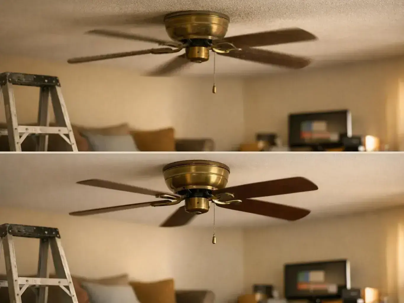 Before-and-after ceiling fan blade replacement in a living room with a nearby