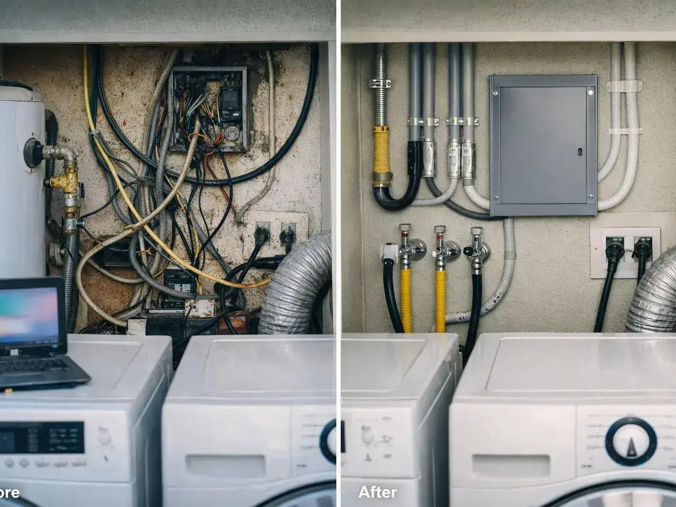 Split view showing tangled wiring beside organized utility and electrical panels