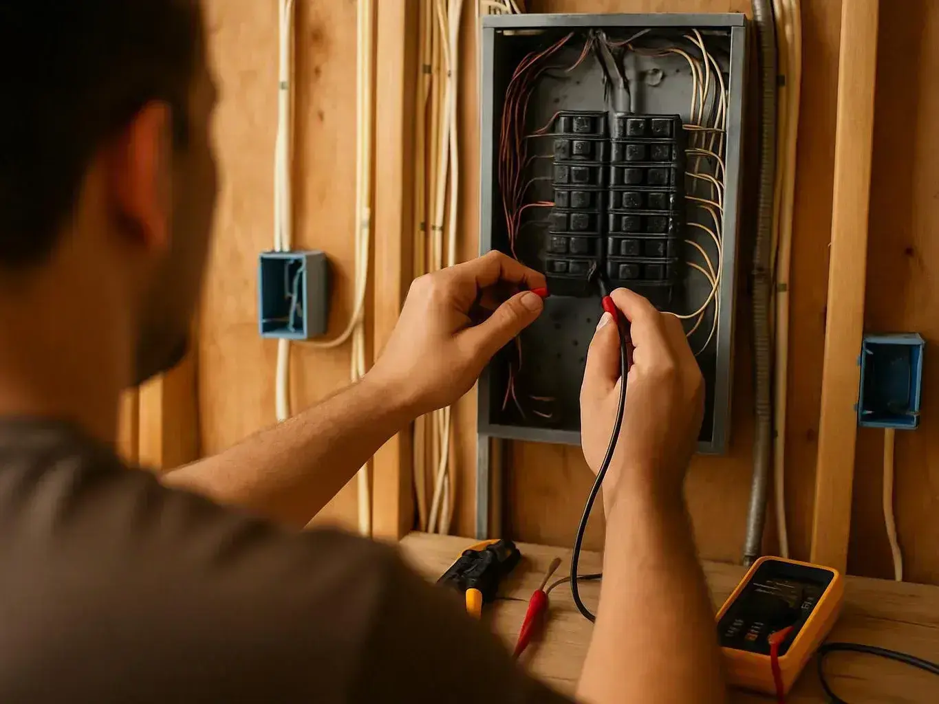 A person tests wiring in an open electrical panel inside a wooden wall frame