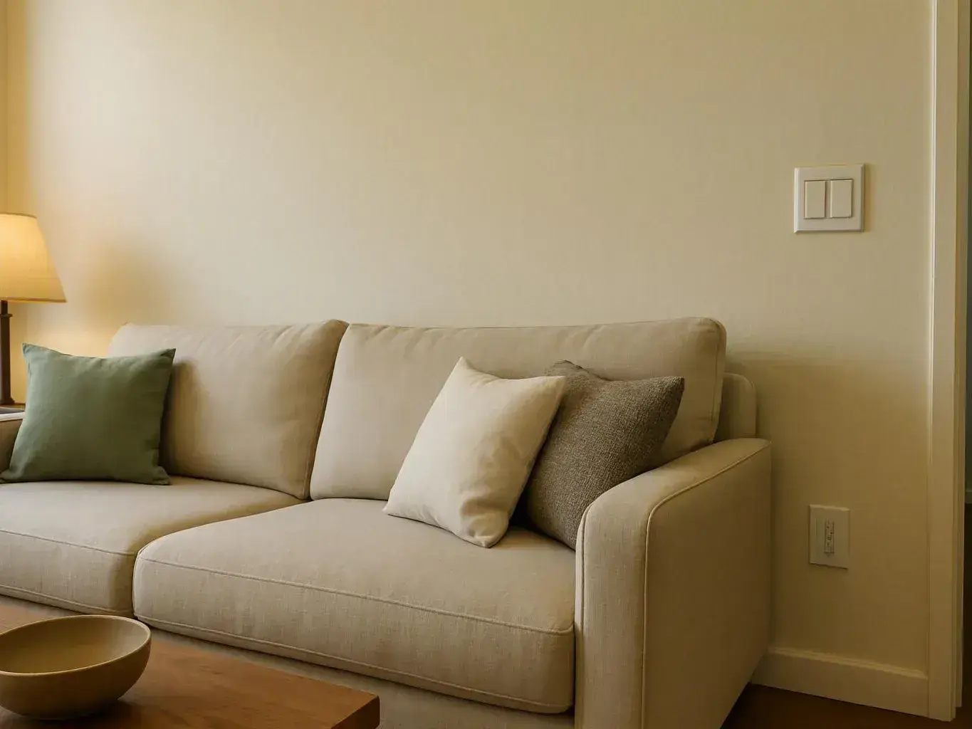 A beige sofa with four pillows sits beside a lit floor lamp in a simple living room