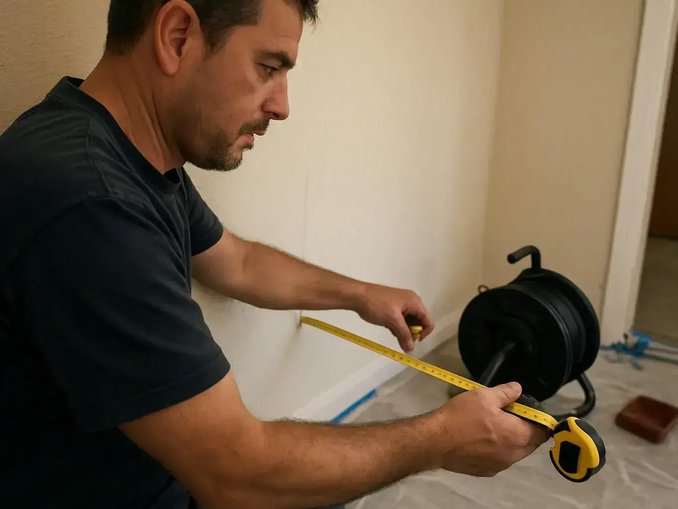 A man in a dark shirt measures a wall with a yellow tape measure in a room under renovation
