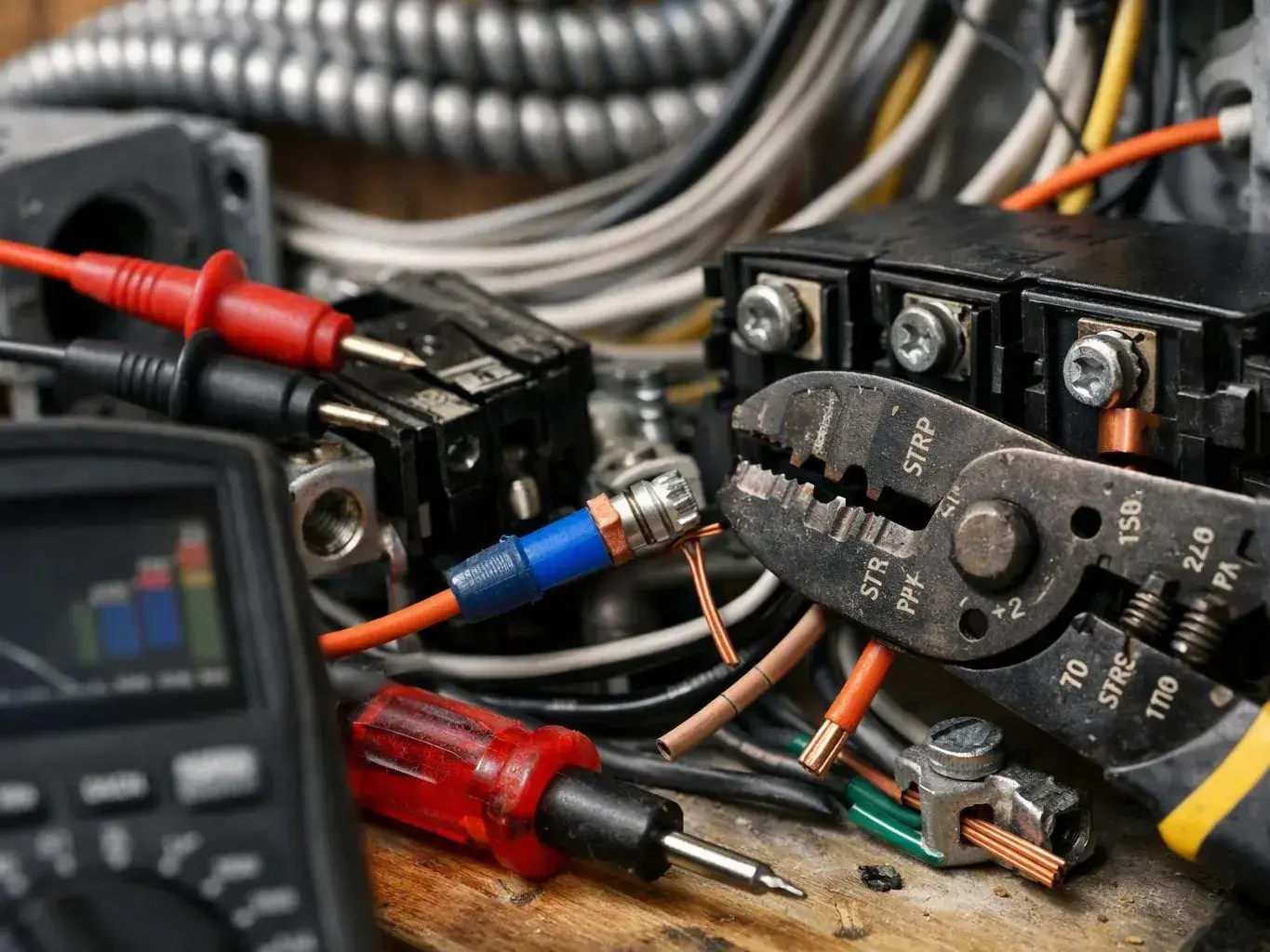 Wire strippers cut copper wires beside probes, connectors, and a multimeter in a cramped electrical workspace