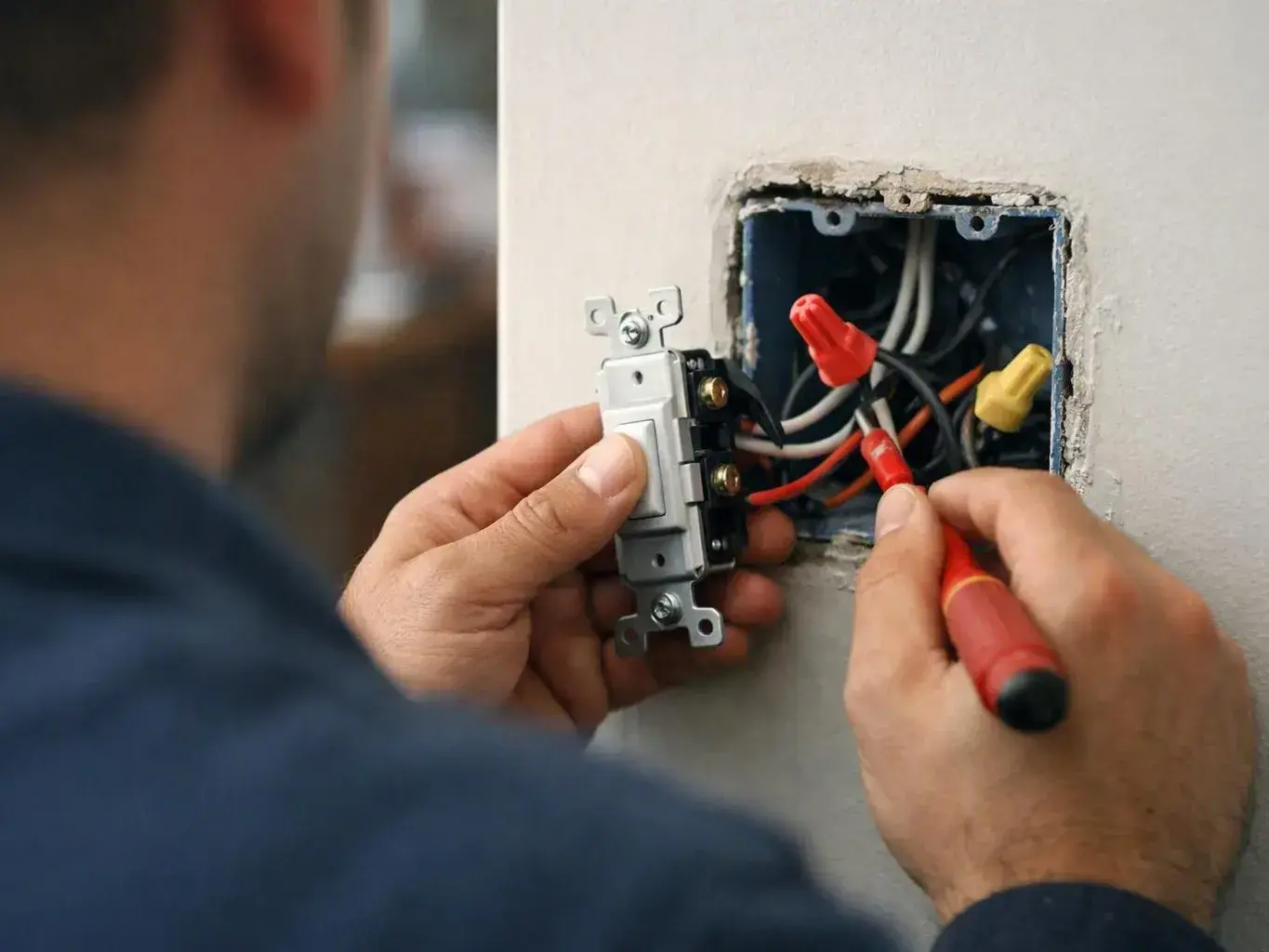 A person wires a wall switch into an open electrical box with a screwdriver