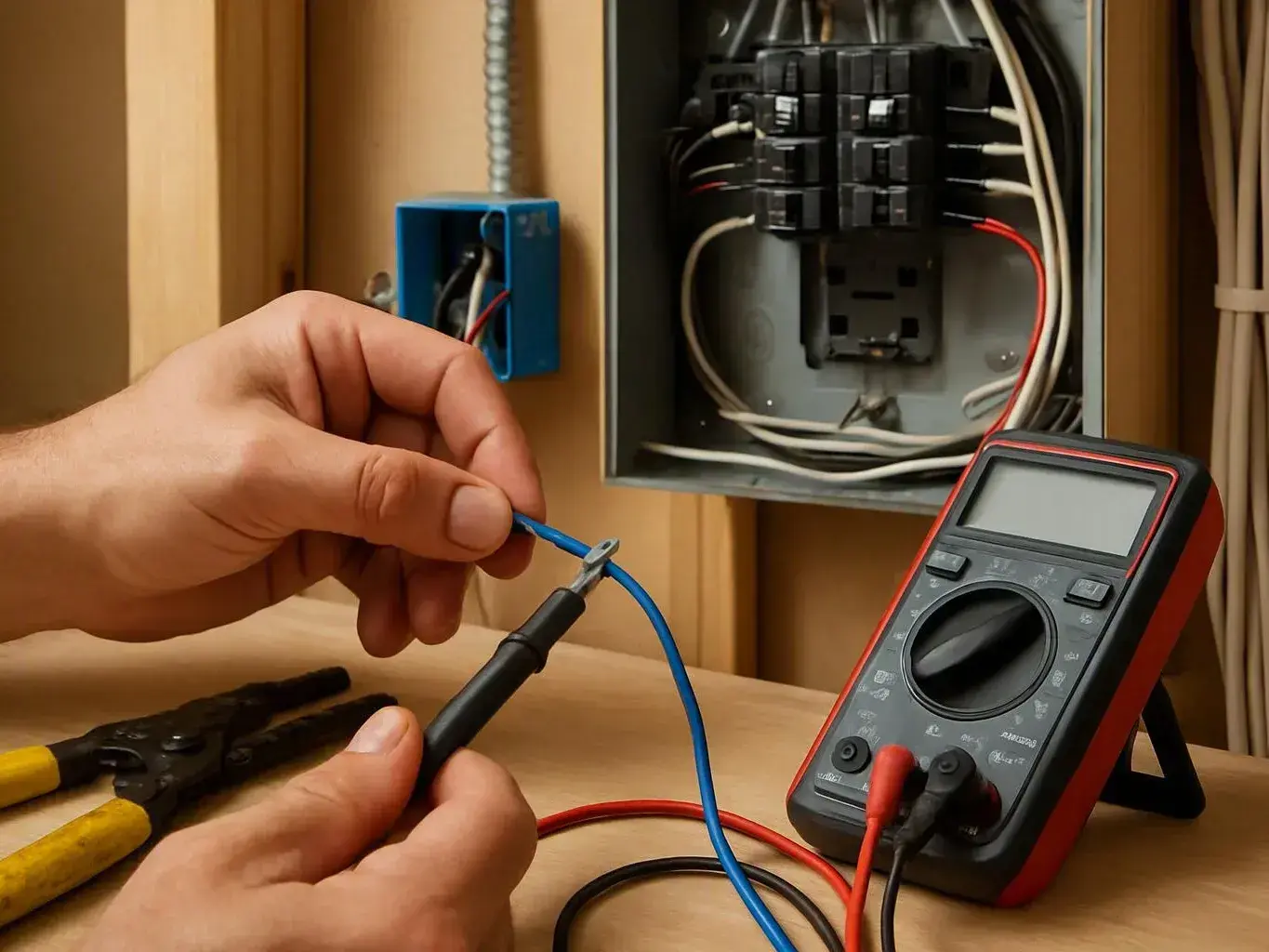 Hands testing a blue wire with a multimeter beside an open electrical panel
