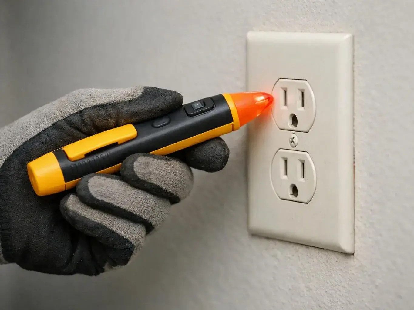 Gloved hand holds a glowing voltage tester near a white wall outlet