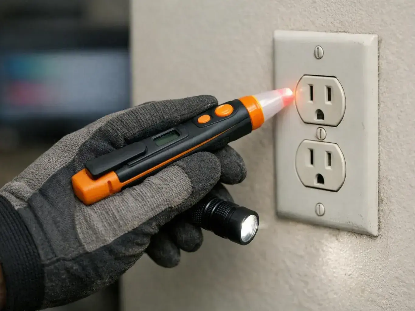 Gloved hand tests a wall outlet with a pen-shaped voltage detector and